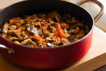 Homestyle Goodness: Eggplant Stew in Pan Close-Up