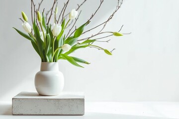 Empty white box and white tulips in a vase on a light background. Mockup banner, podium for display of advertise product. generative ai.
