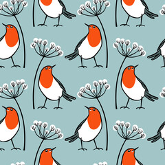 Vector seamless pattern with hand drawn sweet Robin birds with blooming floral twigs. Ink drawing, decorative graphic style. Beautiful animal design elements - obrazy, fototapety, plakaty