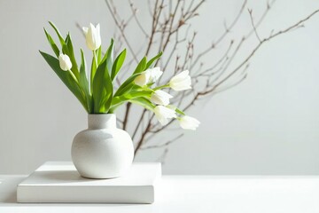 Empty white box and white tulips in a vase on a light background. Mockup banner, podium for display of advertise product. generative ai.