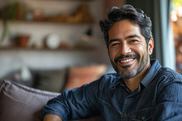 Portrait of happy mid adult man sitting on sofa at home. Handsome latin man in casual relaxing on couch and smiling. Cheerful indian guy looking at camera.