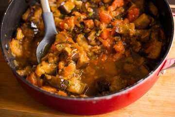 Soulful Comfort: Eggplant Stew in Blue Bowl Close-Up