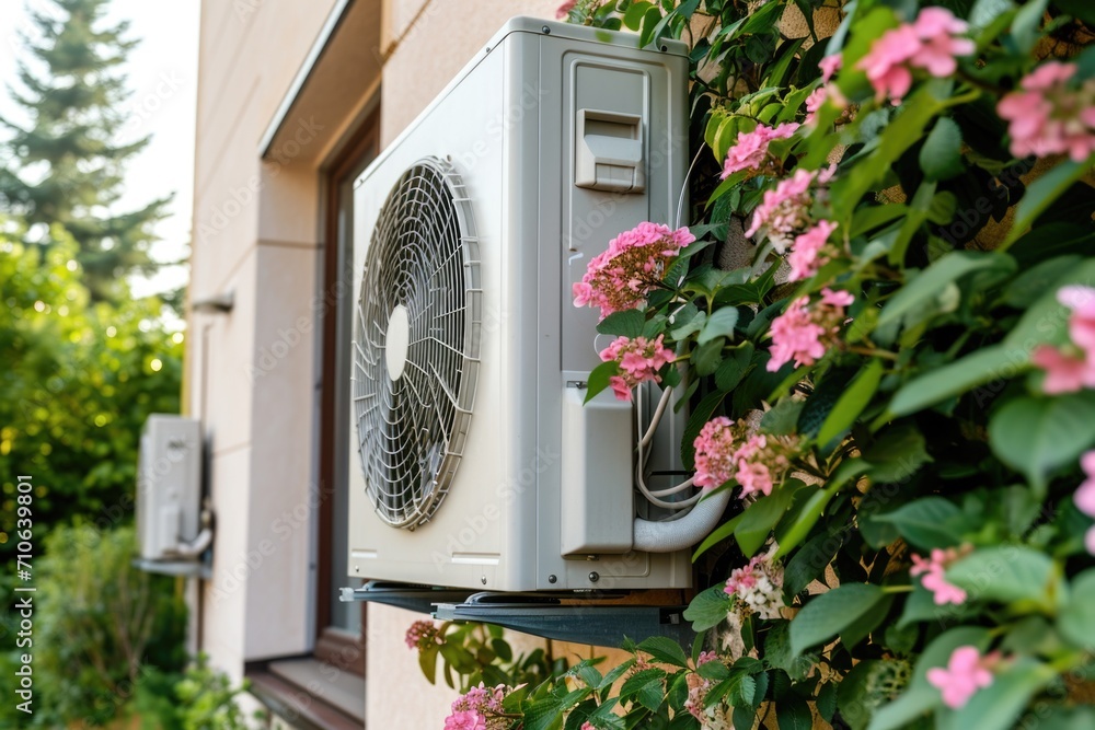 Poster an air conditioner sitting on the side of a building. suitable for architectural and construction co