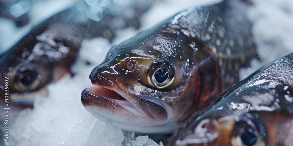 Poster a detailed close-up of a fish resting on a pile of ice. suitable for various uses