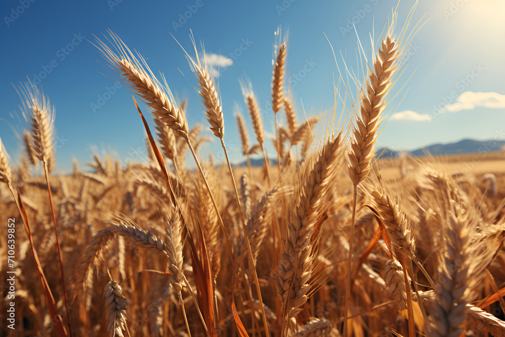 Wall mural yellow agriculture field with ripe wheat and blue sky with clouds over it.