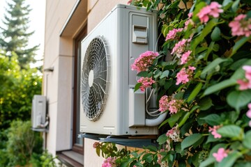 An air conditioner sitting on the side of a building. Suitable for architectural and construction concepts