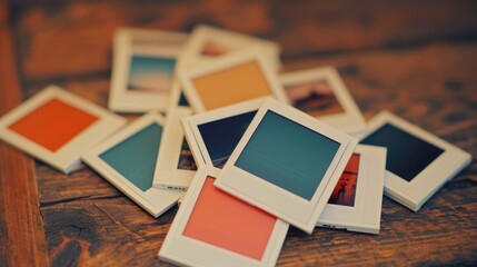 A pile of polaroids sitting on top of a wooden table. Perfect for nostalgic memories and capturing special moments - obrazy, fototapety, plakaty