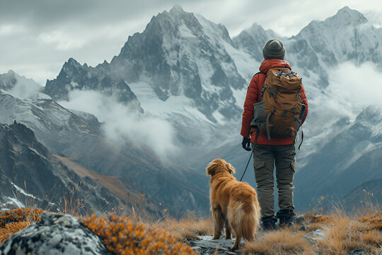 a man with a dog in the mountains takes pictures of the mountains