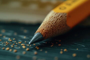 A detailed view of a pencil resting on a table. Suitable for various creative and office-related projects