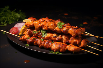 Most popular Indian chicken tikka on skewers, Indian tandoori chicken kabab spicy dish cuisine Generated by Ai