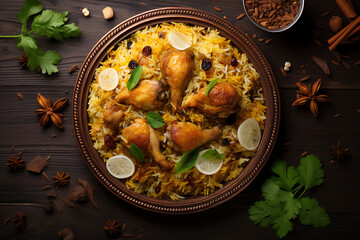 Most popular Chicken Kabsa Homemade Arabian biryani overhead view. Copy space image Generated by Ai.