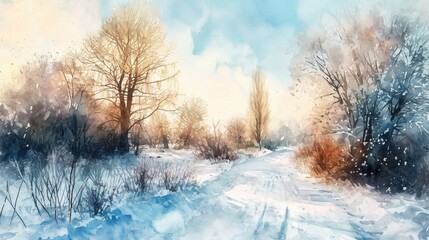 A watercolor painting of a snowy path in the woods. Perfect for winter-themed designs and nature illustrations