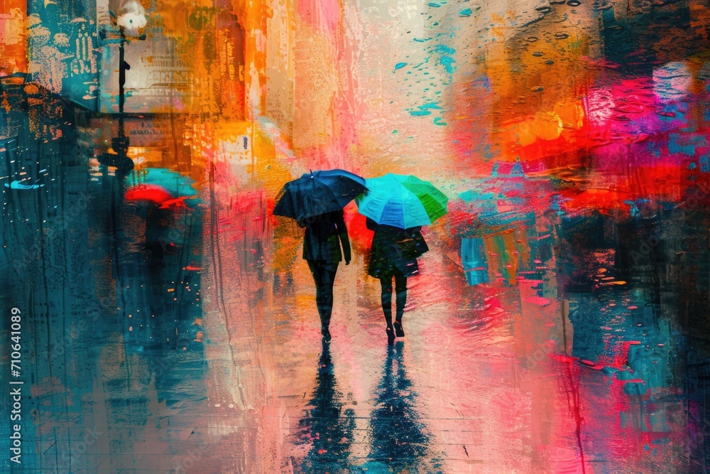 Poster two individuals walking in the rain while holding umbrellas. suitable for various rainy day themes
