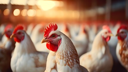 Chicken farm. Egg-laying chicken in battery cages. Commercial hens poultry farming. Layer hens livestock farm. Intensive poultry farming in close systems. Egg production. Chicken feed for laying hens.