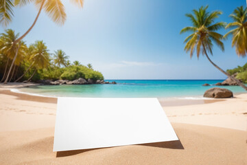 Sandy beach with empty white paper card for message design, blur sea and palm trees on background, Tranquil beach scene for travel inspirational - Mocup