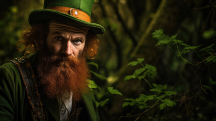 Leprechaun dressed as Saint Patrick, magical forest in the background