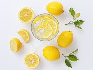 Design mockup. A refreshing glass of lemonade, with vibrant lemon slices, on a pure white background. Generative AI