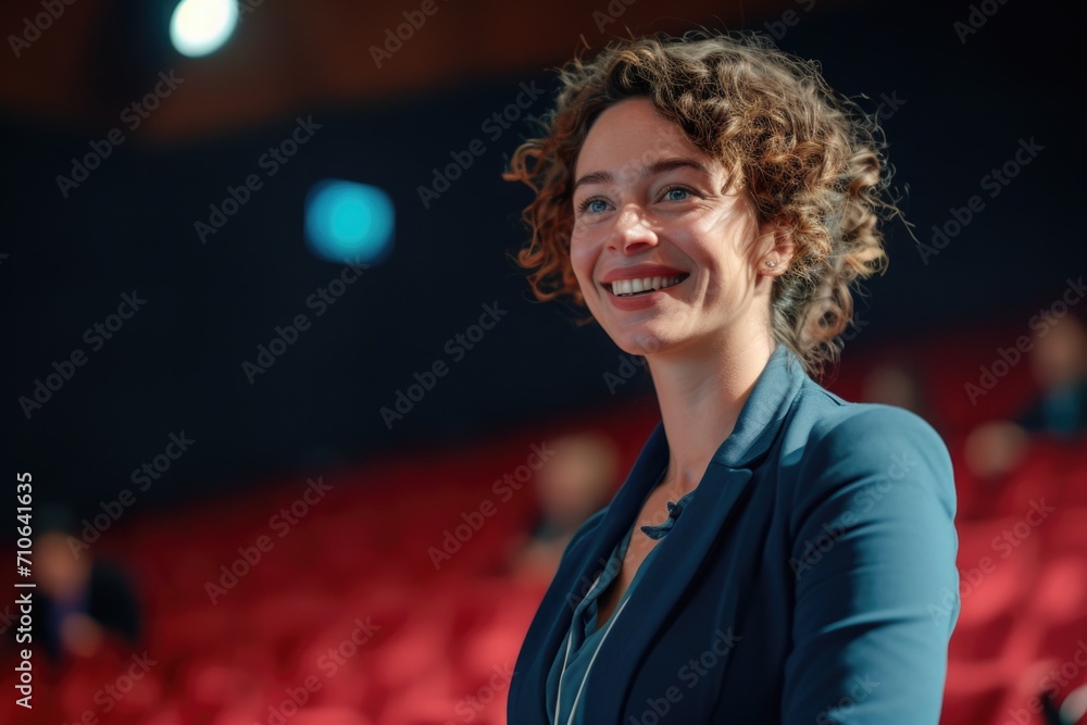 Poster a woman standing in front of a red stage. this image can be used to depict a performer or speaker on