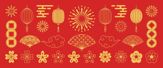 Chinese New Year Icons vector set. Cherry blossom flower, fan, firework, hanging lantern,cloud isolated icon of Asian Lunar New Year holiday decoration vector. Oriental culture tradition illustration.