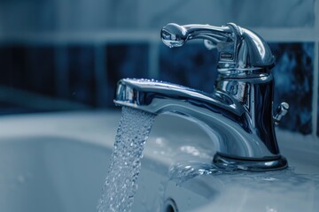 A faucet with water running down the side. Suitable for plumbing and home improvement themes