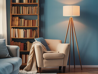 Elegant Modern Living Room in Scandinavian Design with Beige Armchair, Comfy Sofa, and Wooden Bookshelf Against a Serene Blue Wall, Illuminated by a Stylish Floor Lamp