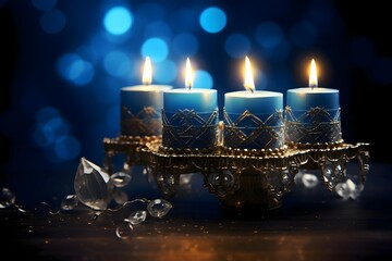 Elegantly located blue candles decorated with gold., banner with space for your own content. Blue background color.
