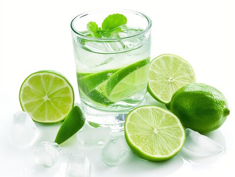 Visualize a cool glass of limeade, bright green lime slices visible, set against a stark white background. Generative AI