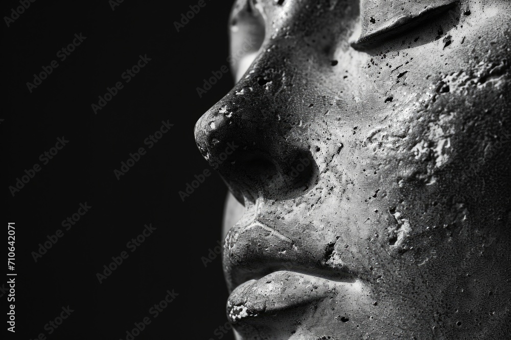 Poster A close-up view of a statue depicting a person's face. This image can be used to add a touch of elegance and sophistication to various projects