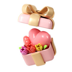 3d Tulip Flower Bouquet with hearts in pink gift box in Cartoon Style for Decoration. Love Valentine romantic design, Mother day, Women day, Isolated on White Background illustration