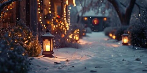 A snowy path with a lit lantern in the middle. Perfect for winter-themed designs and holiday concepts
