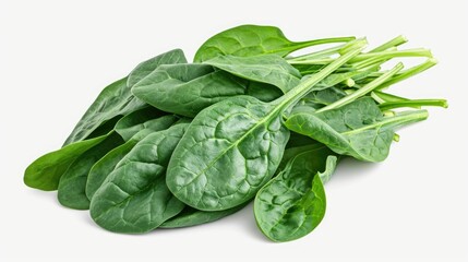 A pile of spinach leaves on a white surface. Suitable for food, healthy eating, and vegetarian themes