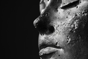 A close-up view of a statue depicting a person's face. This image can be used to add a touch of elegance and sophistication to various projects