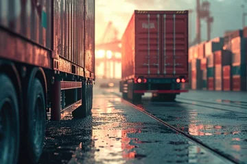 Foto op Aluminium A red truck driving down a wet street. Suitable for transportation or urban themes © Fotograf