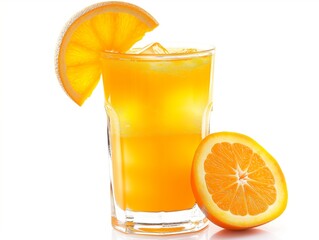 Design mockup. Orangeade drink in a clear glass, garnished with a slice of orange,white background. Generative AI