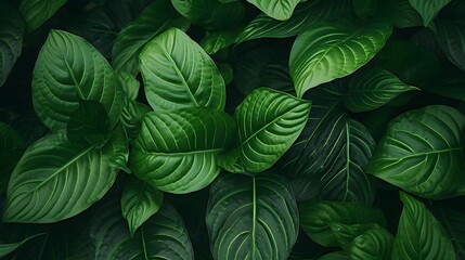 Closeup green leaves of tropical plant in garden. Dense dark green leaf with beauty pattern texture background. Green leaves for spa background. Green wallpaper. Top view ornamental plant in garden.
 - obrazy, fototapety, plakaty