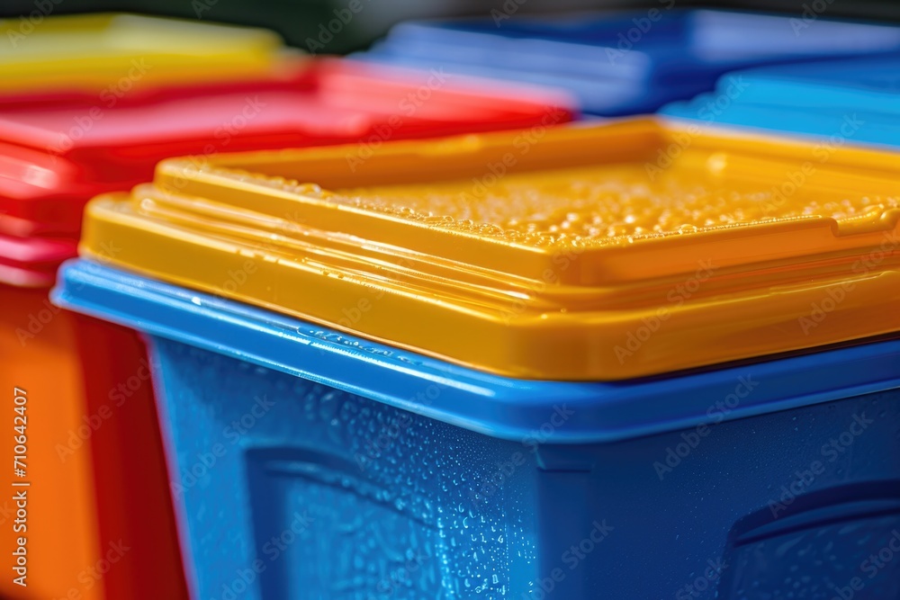 Poster a close-up view of a bunch of colorful bins. ideal for organizing and storage purposes