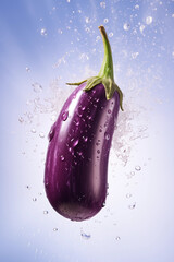 A single eggplant suspended in mid-air with water droplets all around, captured against a soft violet background.
