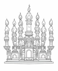 Image of a traditional Jewish Menorah candlestick.Black and white coloring page.