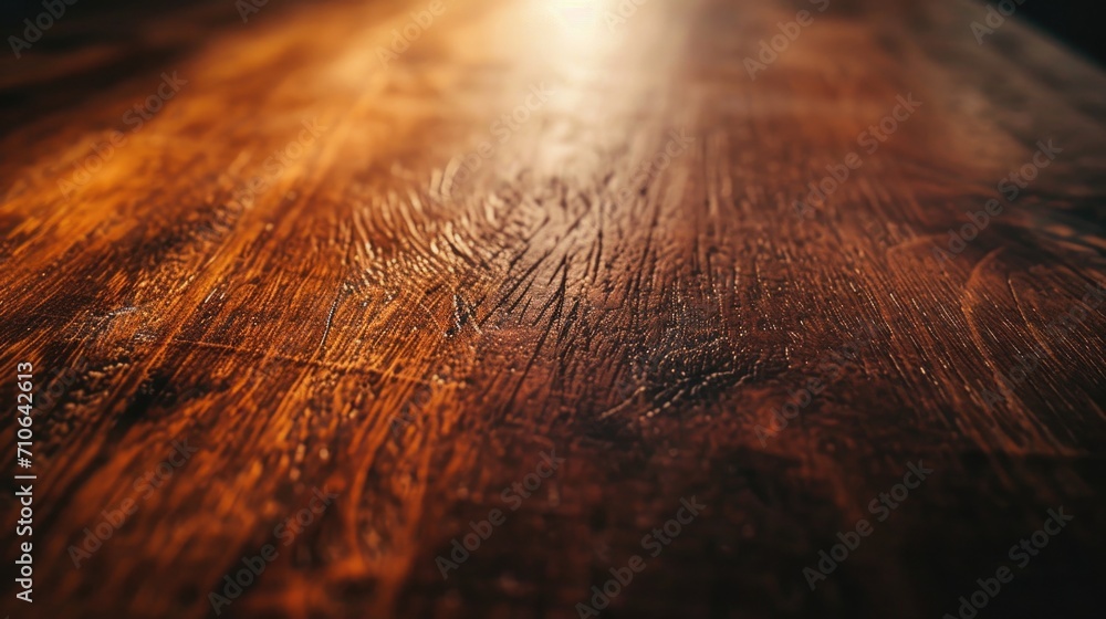 Poster a detailed view of the surface of a wooden table. suitable for various uses