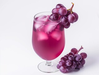 Design mockup. Conceive a deep purple grapeade in a glass, grape cluster garnish, white background. Generative AI