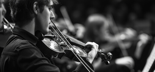 A man playing a violin in an orchestra. Suitable for musical themes and concert promotions