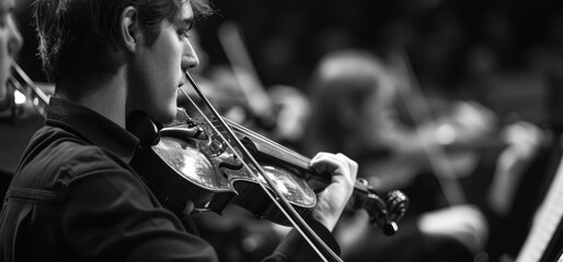 Fototapeta premium A man playing a violin in an orchestra. Suitable for musical themes and concert promotions