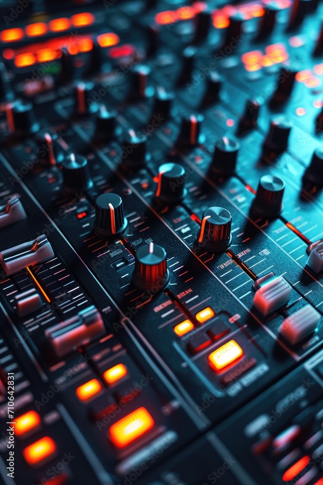 Poster a close-up view of a sound board with numerous knobs and controls. ideal for illustrating audio engi