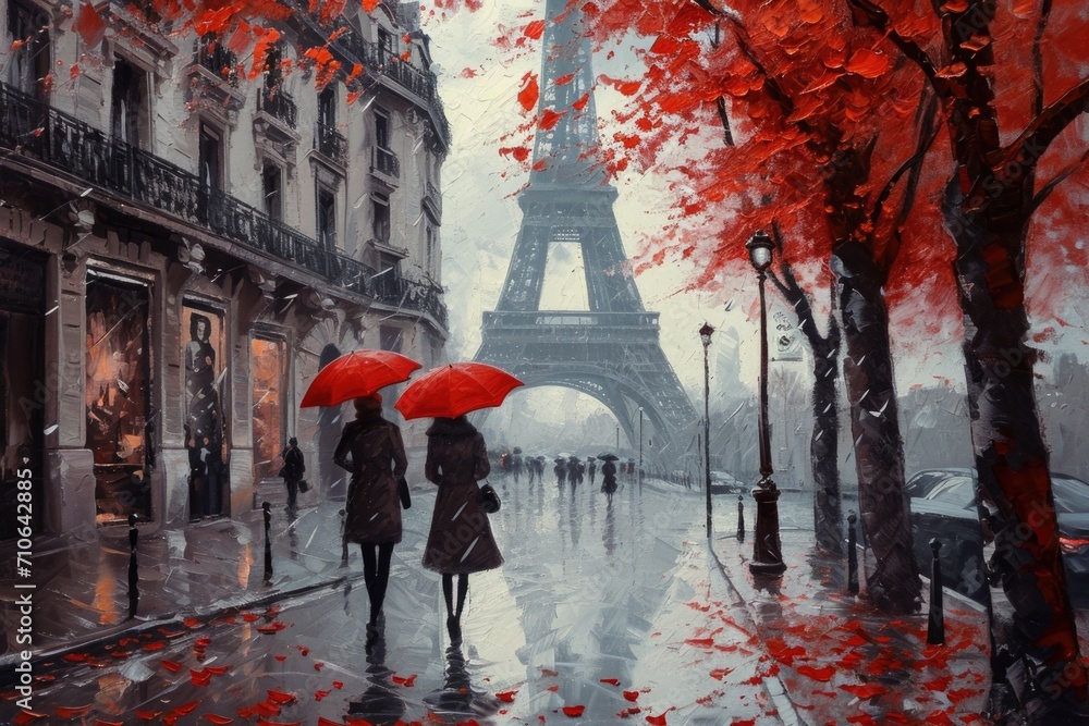 Aufkleber Two individuals walking in the rain while using umbrellas. Perfect for rainy day concepts and outdoor activities