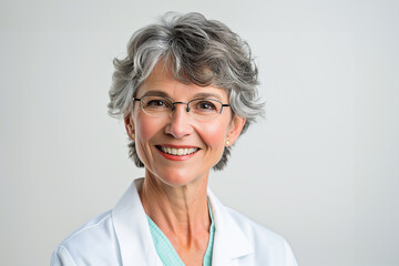 Portrait of smiling mature female doctor in white coat looking at camera. Happy female doctor in hospital. Portrait of senior woman doctor wearing glasses and uniform stand isolated on grey studio  - obrazy, fototapety, plakaty