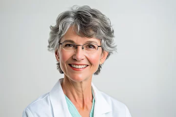 Poster Portrait of smiling mature female doctor in white coat looking at camera. Happy female doctor in hospital. Portrait of senior woman doctor wearing glasses and uniform stand isolated on grey studio  © Nataliia_Trushchenko