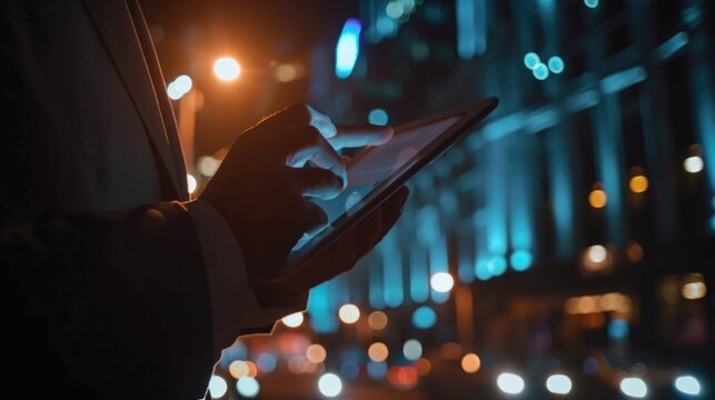 A person holding a tablet in a city at night. This image can be used to illustrate technology, urban lifestyle, or night-time activities