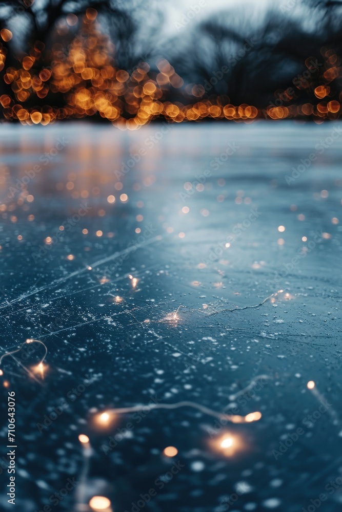 Poster a close up view of a frozen surface with lights in the background. ideal for winter-themed designs a