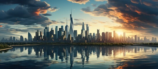 Fototapeta premium Cityscape with skyscrapers. Sunlight with gray clouds