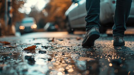A person walking on a wet sidewalk with a car in the background. Suitable for urban scenes or transportation-related themes
